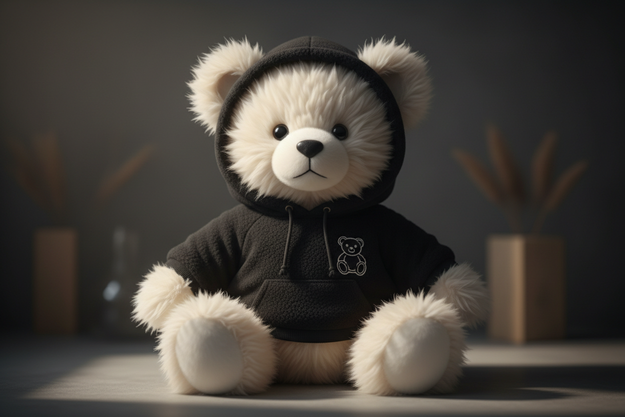 modernes cute teddy bear with alot of hair wearing a black hoodie with an embroidered teddy bear on it the background must be a little bit dark